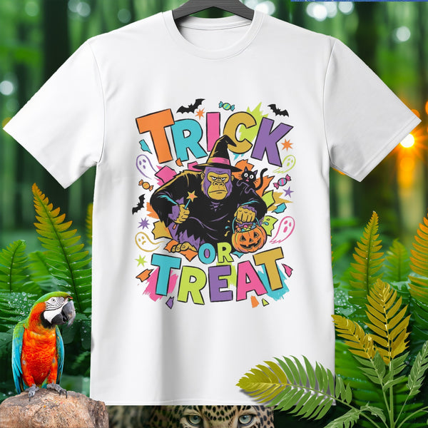 White t-shirt with gorilla in witch hat saying "Trick or Treat" for Halloween.