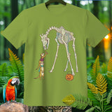 Cartoon skeleton giraffe with meerkats and a pumpkin trick-or-treat bucket.