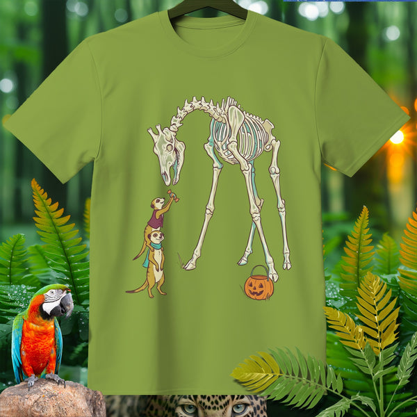 Cartoon skeleton giraffe with meerkats and a pumpkin trick-or-treat bucket.