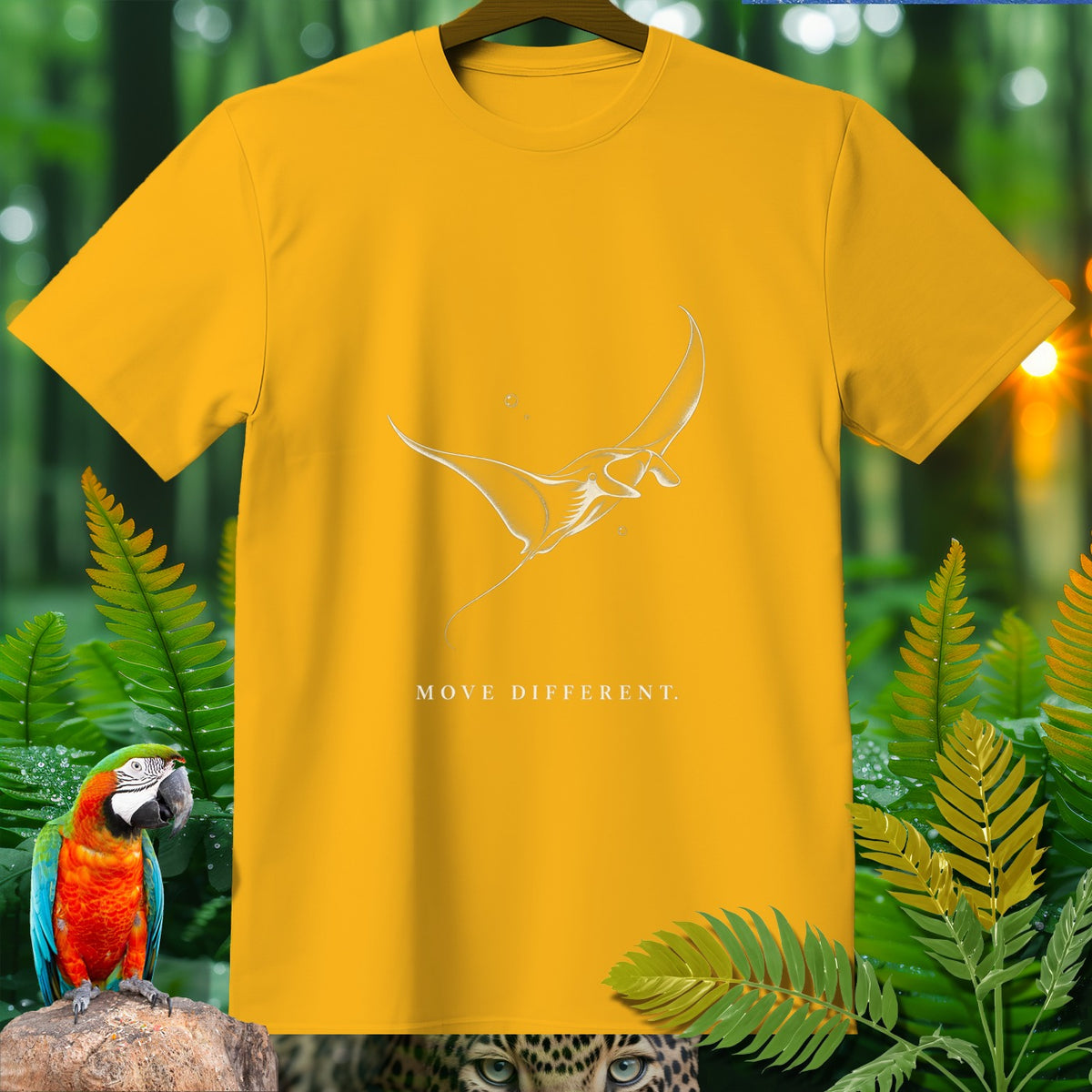 Yellow t-shirt with white manta ray graphic and text "MOVE DIFFERENT".