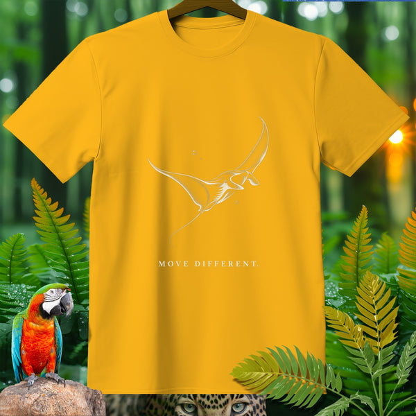 Yellow t-shirt with white manta ray graphic and text "MOVE DIFFERENT".