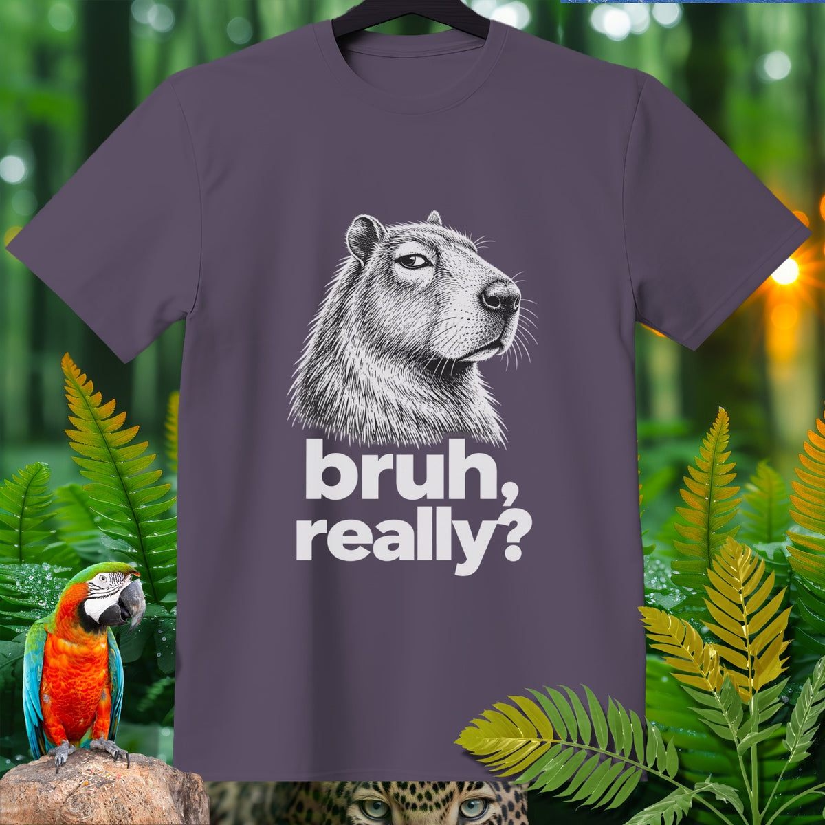 Purple t-shirt with a sketch of a capybara and the text "bruh, really?".