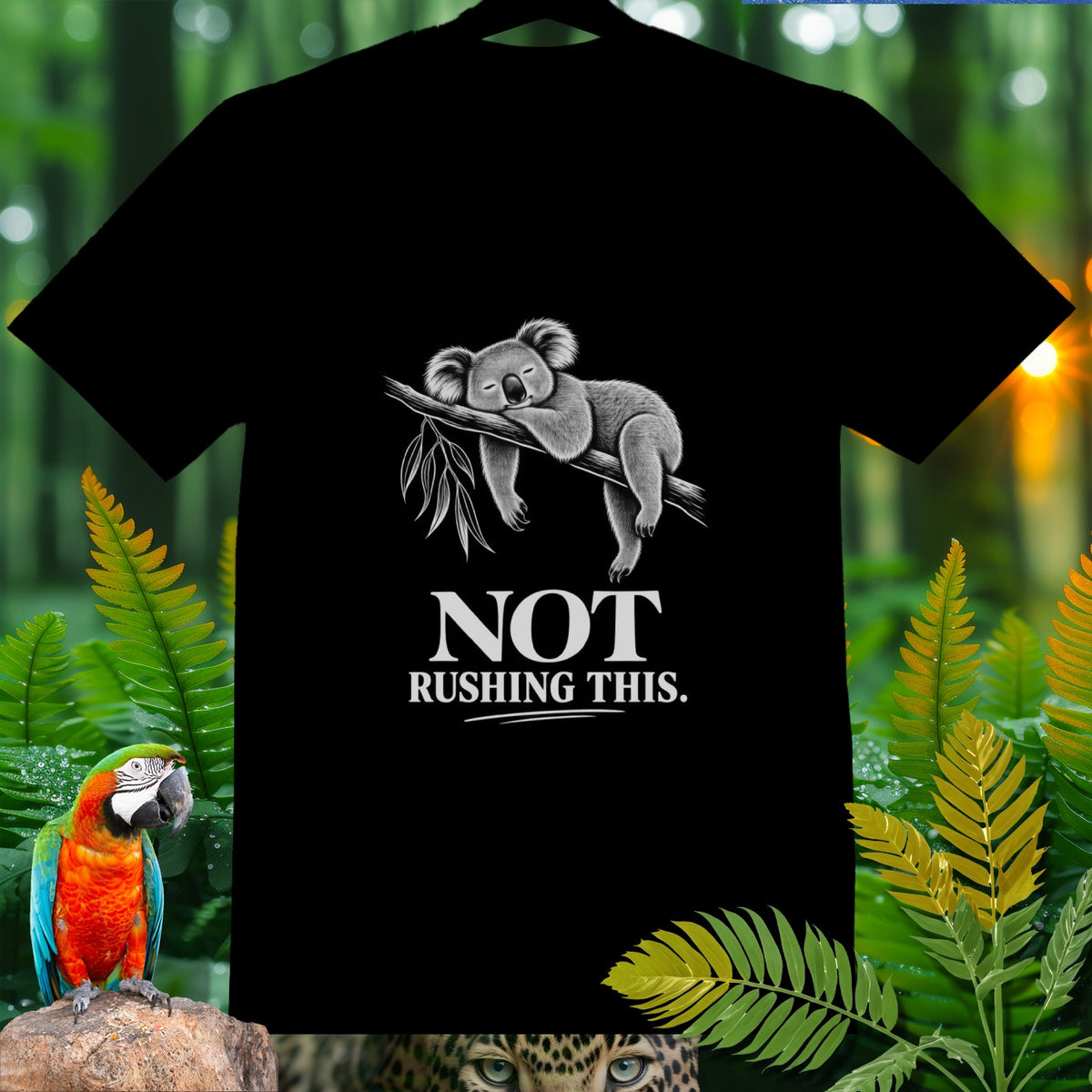 Black t-shirt with a sleeping koala graphic and text "NOT RUSHING THIS."