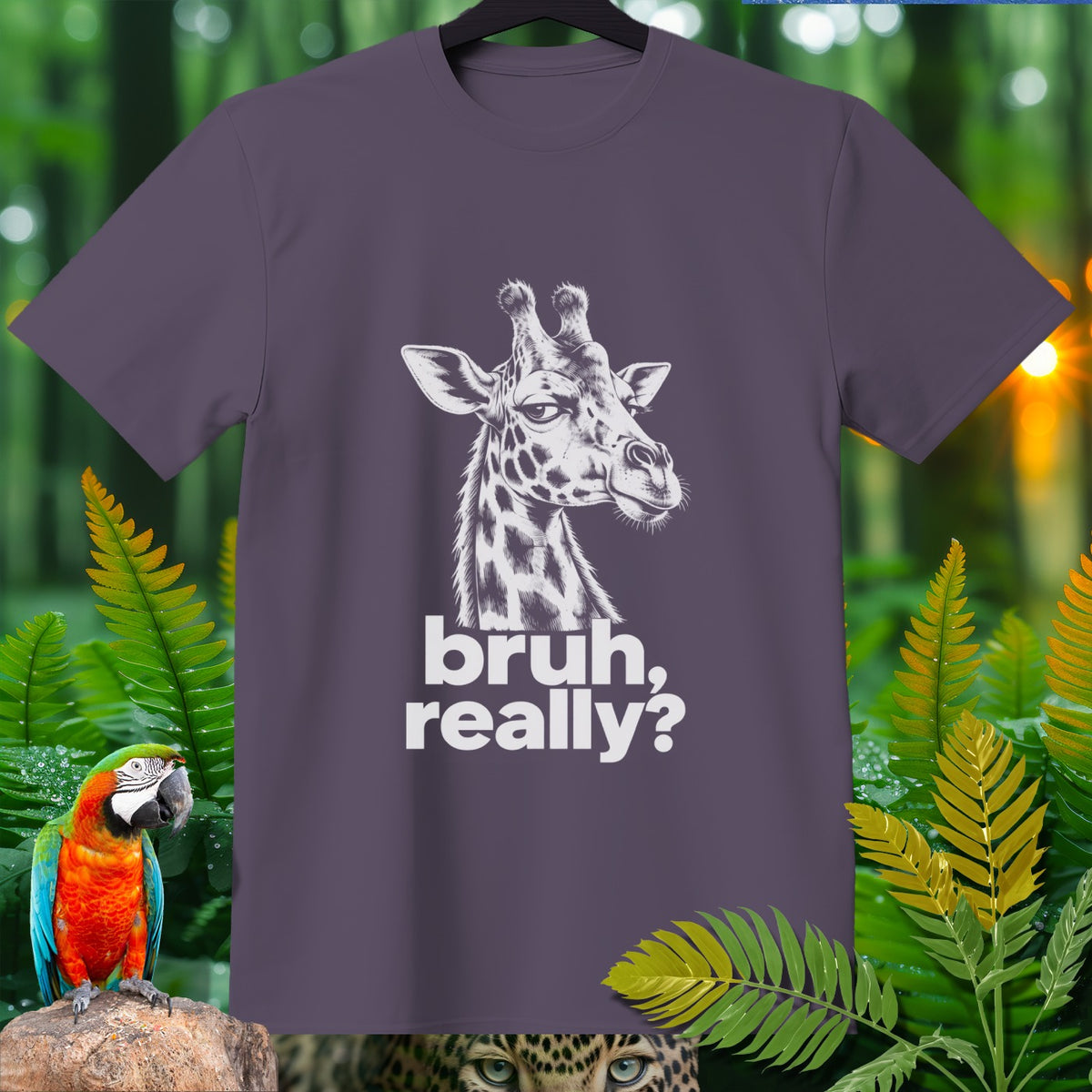 Gray t-shirt with a white line drawing of a giraffe and the text "bruh, really?".