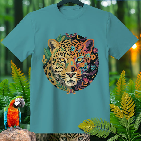 Teal t-shirt with a leopard face graphic adorned with floral and Halloween motifs.