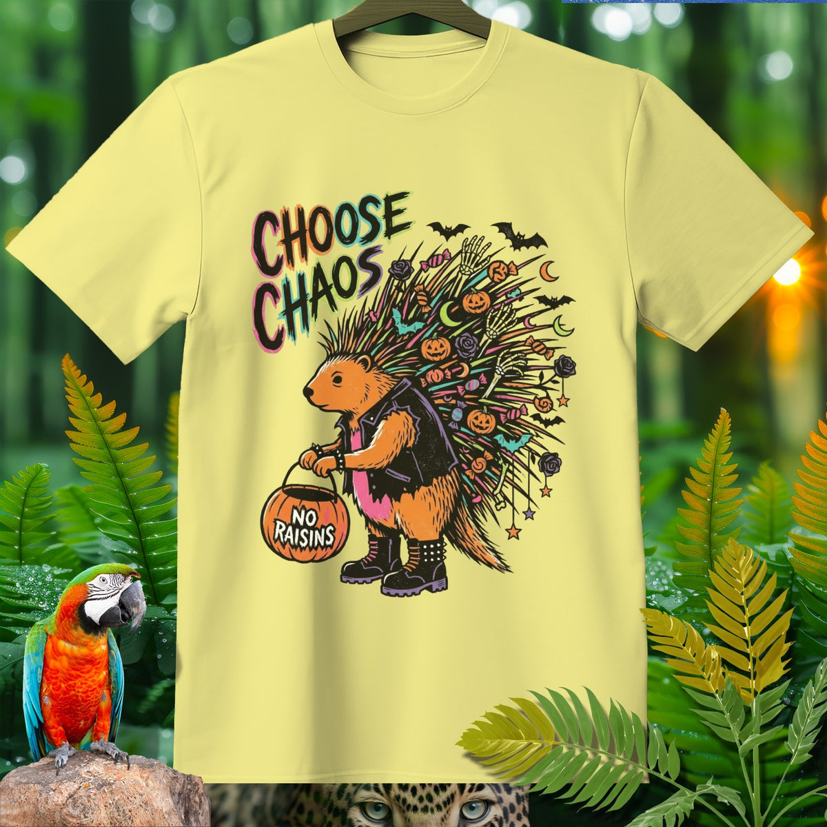 Yellow t-shirt with a porcupine graphic saying "CHOOSE CHAOS" holding a pumpkin bag.