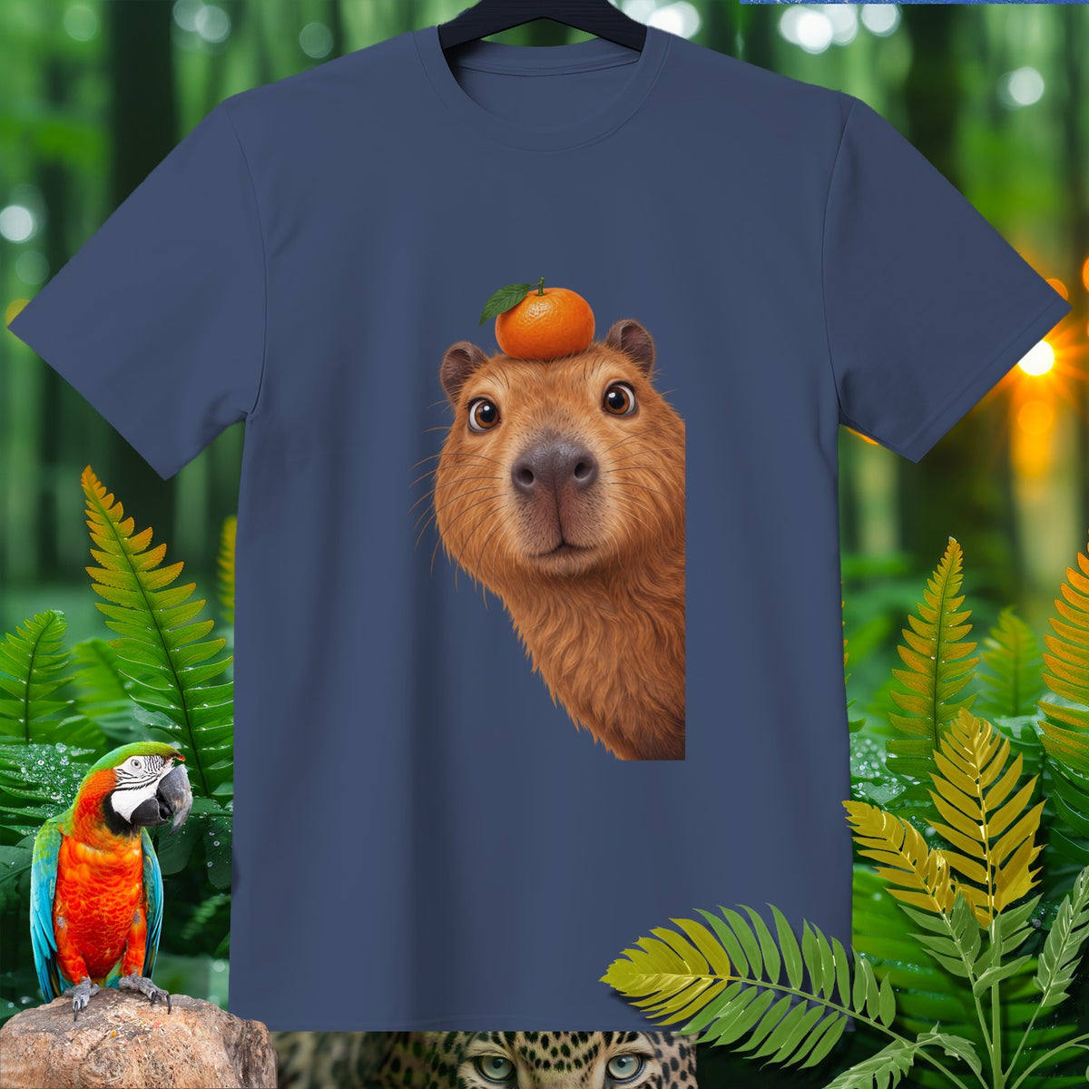 Navy blue t-shirt with capybara wearing an orange on its head.