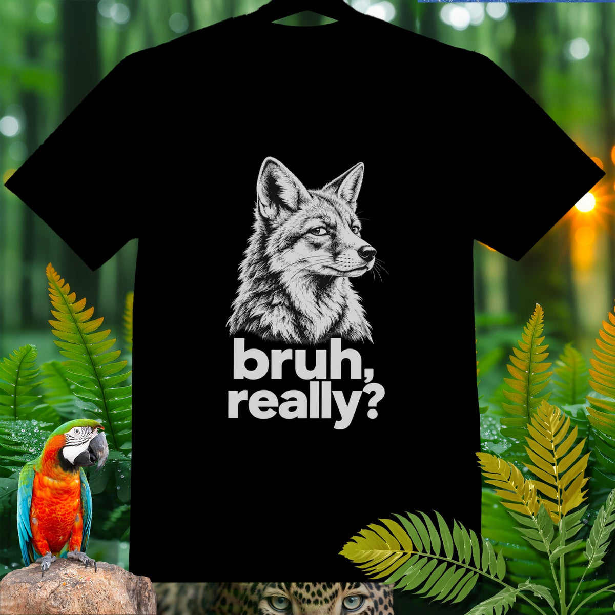 Black t-shirt with a black and white drawing of a fox and the text "bruh, really?".