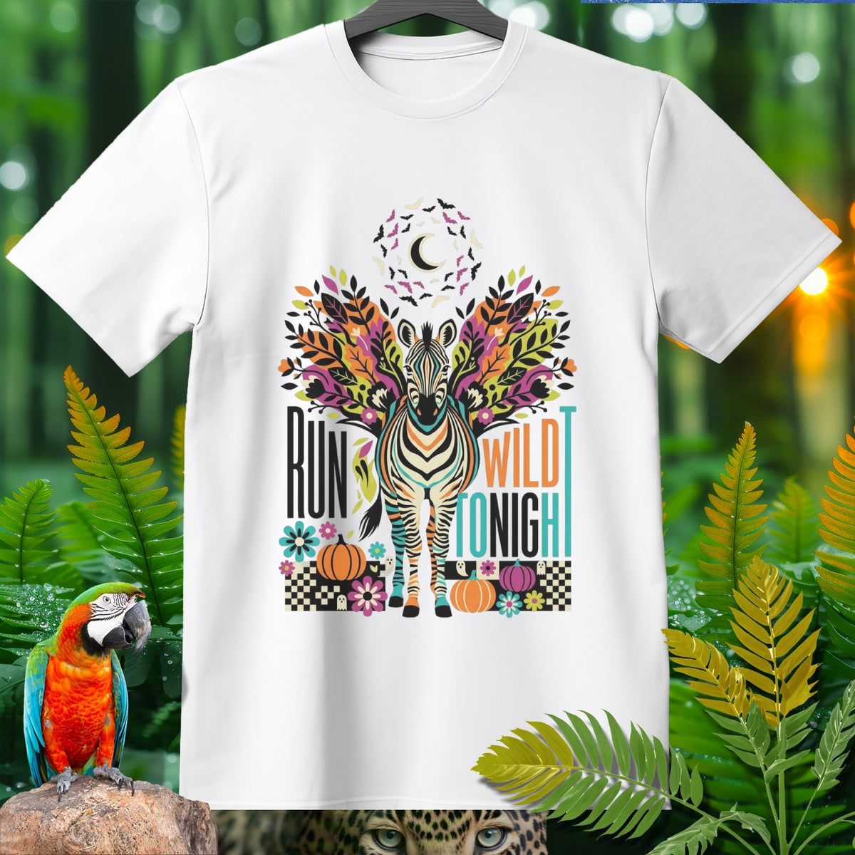 White t-shirt with colorful zebra, "Run Wild Tonight" text, pumpkins, and floral designs.