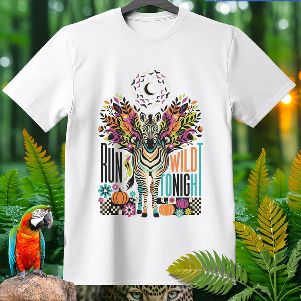 White t-shirt with colorful zebra, "Run Wild Tonight" text, pumpkins, and floral designs.