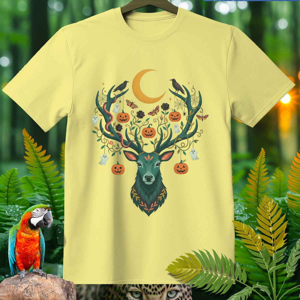 Yellow t-shirt with a green deer head and a crescent moon, decorated with pumpkins, ghosts, and birds.