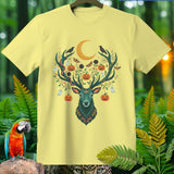 Yellow t-shirt with a green deer head and a crescent moon, decorated with pumpkins, ghosts, and birds.