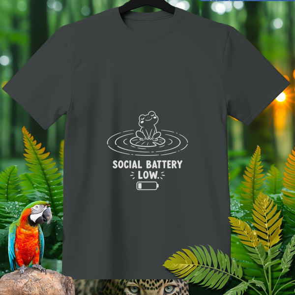 Dark grey t-shirt with white graphic of a frog on water, "Social Battery Low" text, and battery icon.