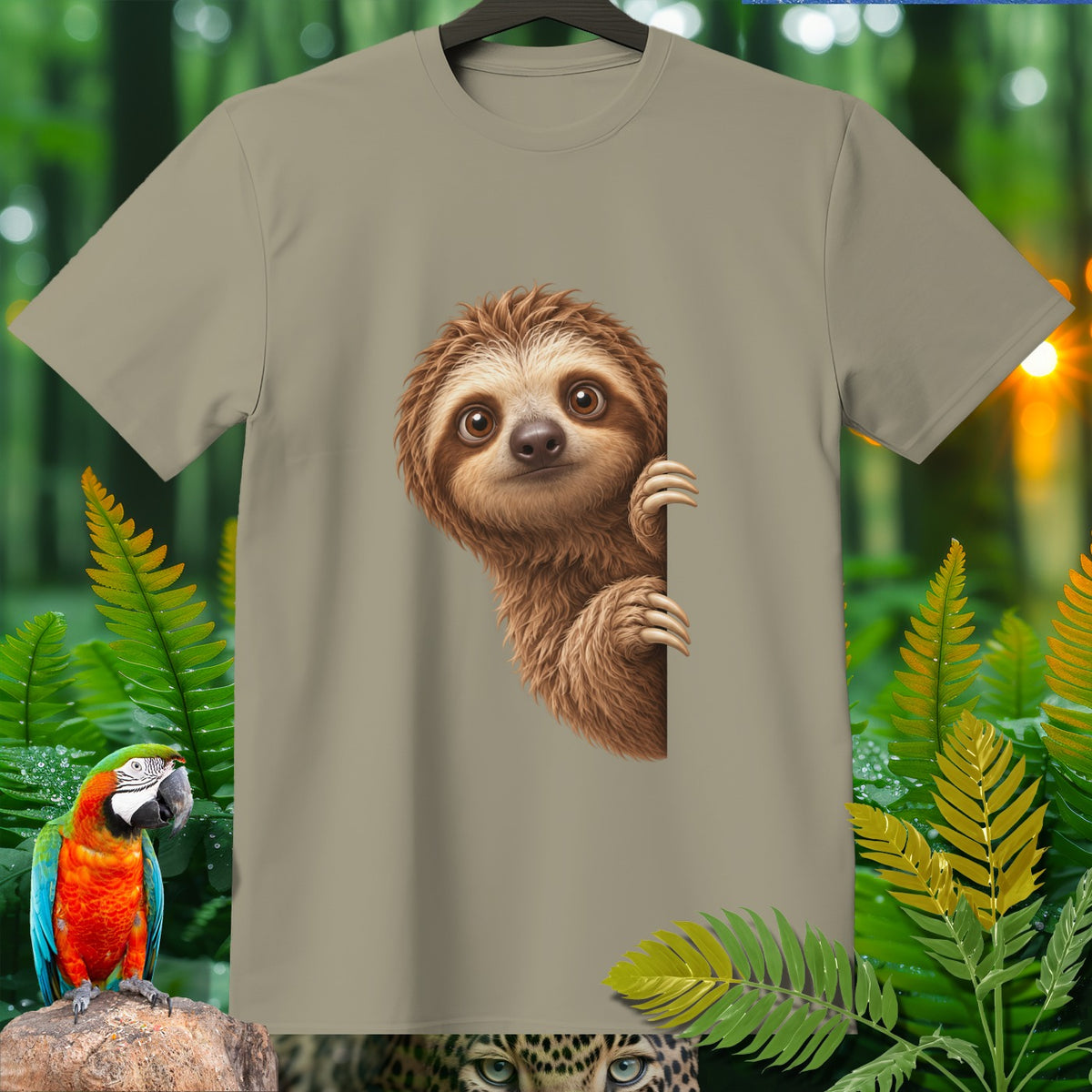 Tan t-shirt with a cute sloth peeking out, macaw, and leopard print.