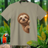 Tan t-shirt with a cute sloth peeking out, macaw, and leopard print.