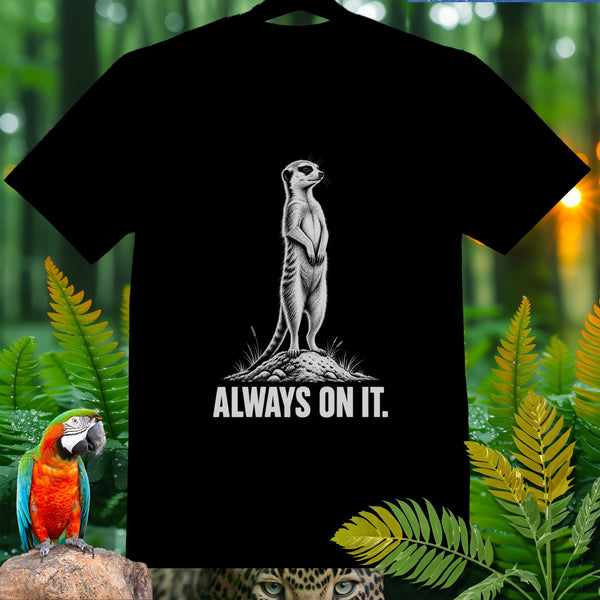 Black t-shirt with a meerkat illustration and text "ALWAYS ON IT."