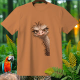 Brown t-shirt with a cartoon ostrich face graphic, surrounded by foliage and a parrot.
