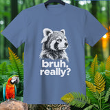 Blue t-shirt with a black and white illustration of a red panda and the text 