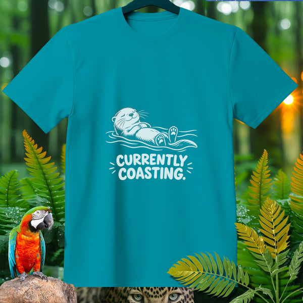 Teal t-shirt with white graphic of otter floating and text "CURRENTLY COASTING."