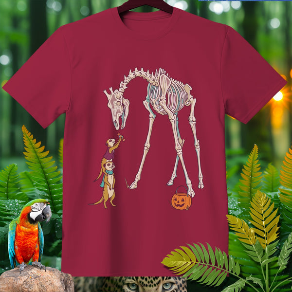 Skeleton giraffe, meerkats offering candy, and Halloween pumpkin on maroon shirt.