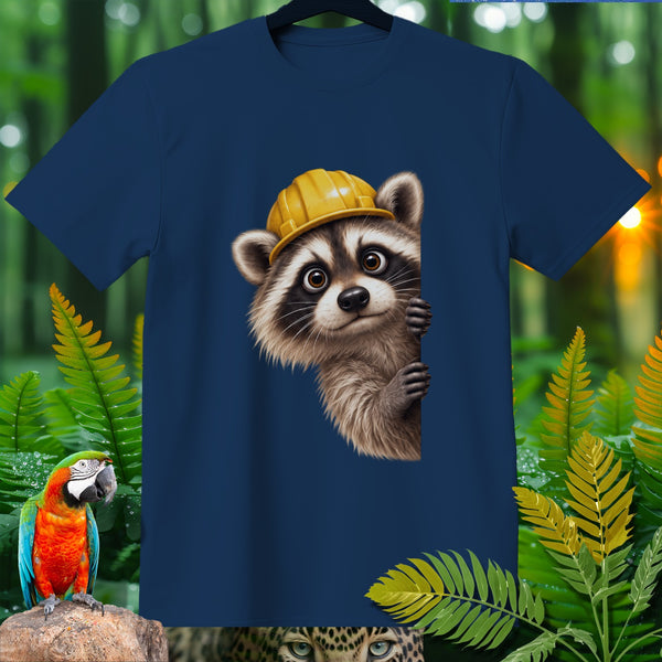 Navy t-shirt featuring a raccoon wearing a yellow hard hat peeking around the side.