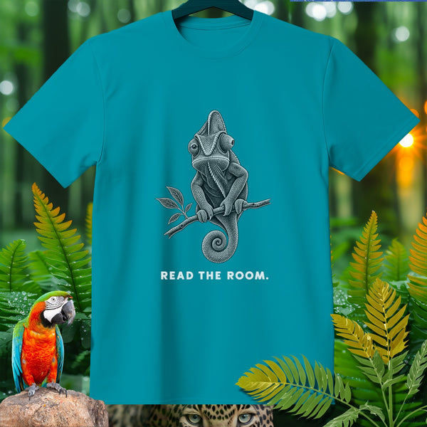 Teal t-shirt with a detailed chameleon graphic and "READ THE ROOM." text.
