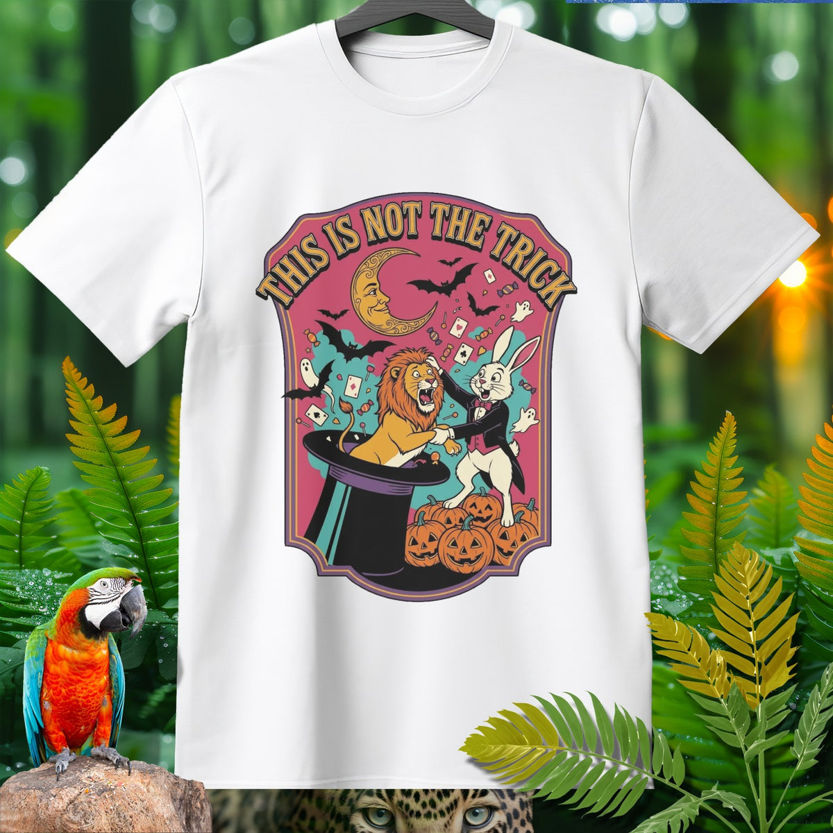 White t-shirt with graphic of lion and rabbit in a magic hat with pumpkins.