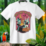 White t-shirt with graphic of lion and rabbit in a magic hat with pumpkins.