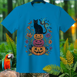 Black cat on stacked Halloween pumpkins with snake and moon design.