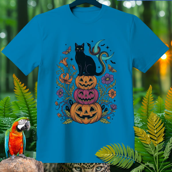 Black cat on stacked Halloween pumpkins with snake and moon design.