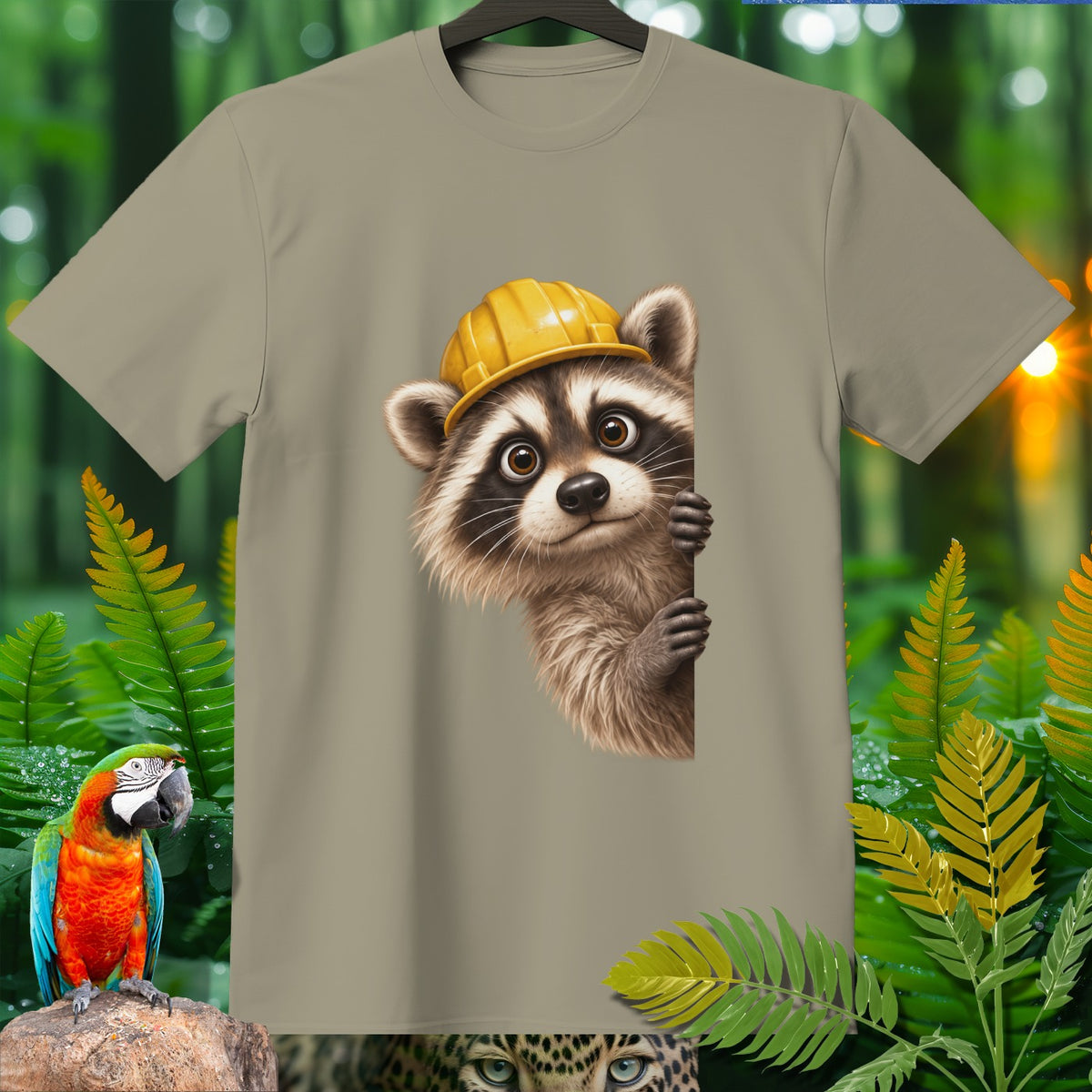 T-shirt with a cartoon raccoon wearing a yellow hard hat, peeking from the side.
