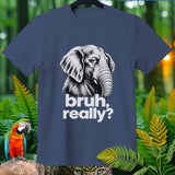 T-shirt with a black and white drawing of an elephant and text 