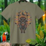T-shirt with a mystical bison design surrounded by autumn leaves and Halloween elements.