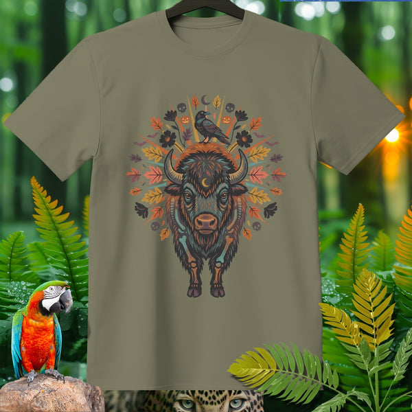 T-shirt with a mystical bison design surrounded by autumn leaves and Halloween elements.