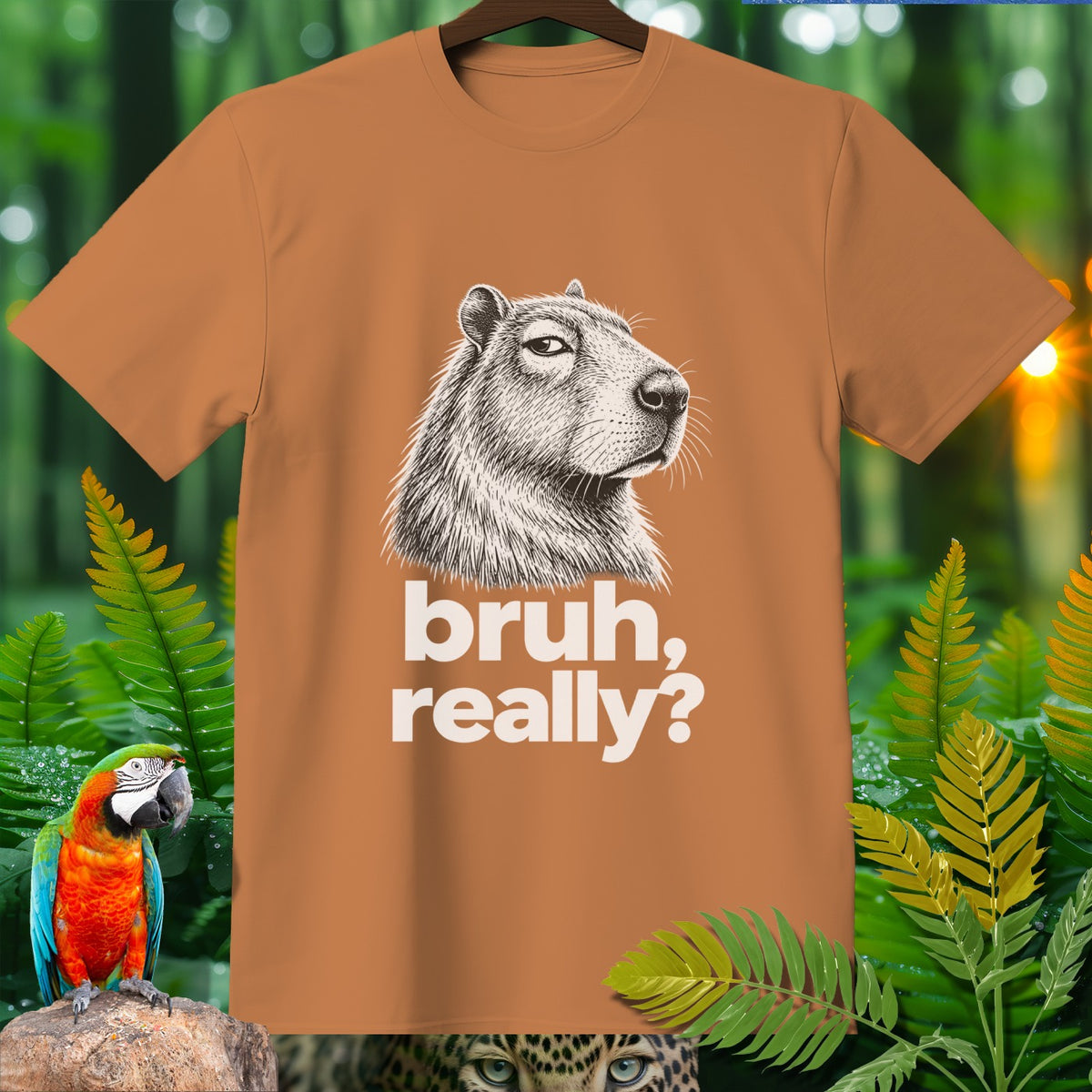 Brown t-shirt with capybara illustration and text "bruh, really?".