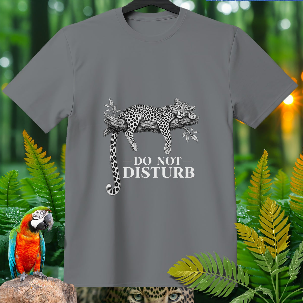 Grey t-shirt with sleeping leopard graphic and "DO NOT DISTURB" text.
