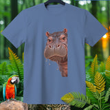 Blue t-shirt with a close-up realistic hippo face graphic.