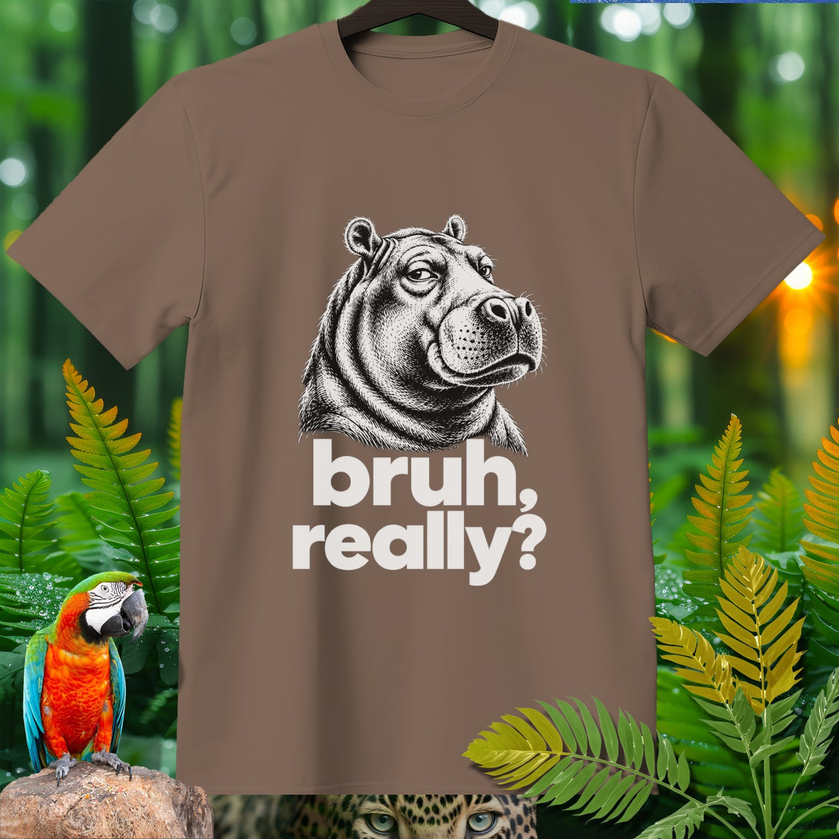 Brown t-shirt with black and white hippo graphic and "bruh, really?" text.