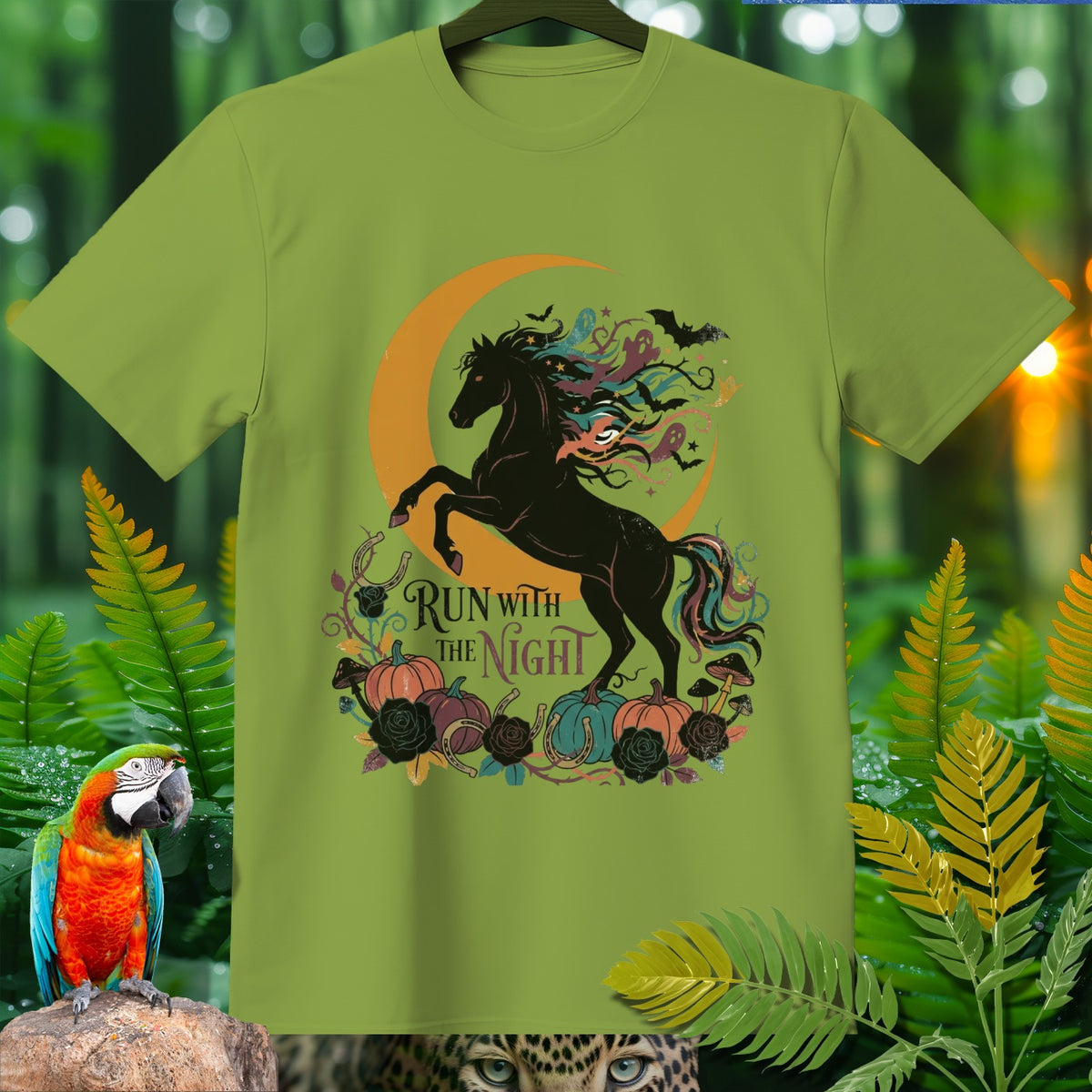 Light green t-shirt with a black horse, moon, pumpkins, and text "Run with the Night".