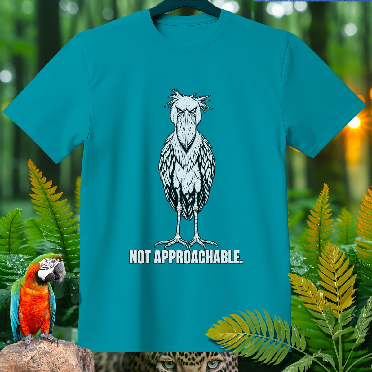 Teal t-shirt with a shoebill stork illustration and the text "NOT APPROACHABLE."