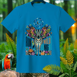 Blue t-shirt with zebra, moon, bats, pumpkins, and text 