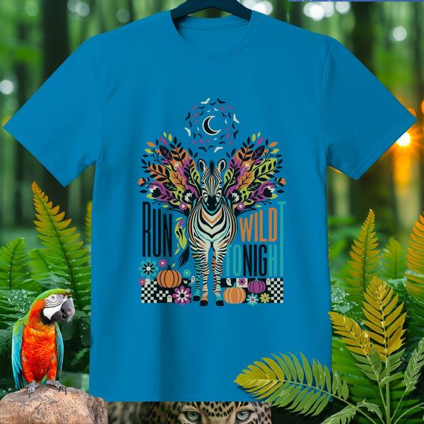 Blue t-shirt with zebra, moon, bats, pumpkins, and text "RUN WILD TONIGHT."