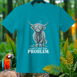 Teal t-shirt with a fluffy highland cow graphic and text 