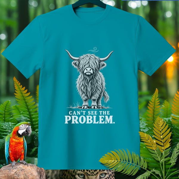 Teal t-shirt with a fluffy highland cow graphic and text "CAN'T SEE THE PROBLEM."