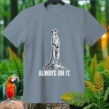 Grey t-shirt with a meerkat graphic and 