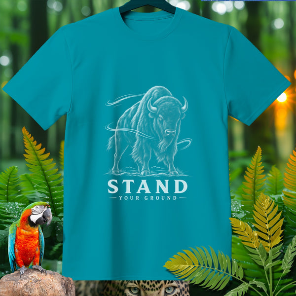 Teal t-shirt with white graphic of a bison and text "STAND YOUR GROUND".