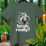 Green t-shirt with black and white hippo illustration and text 