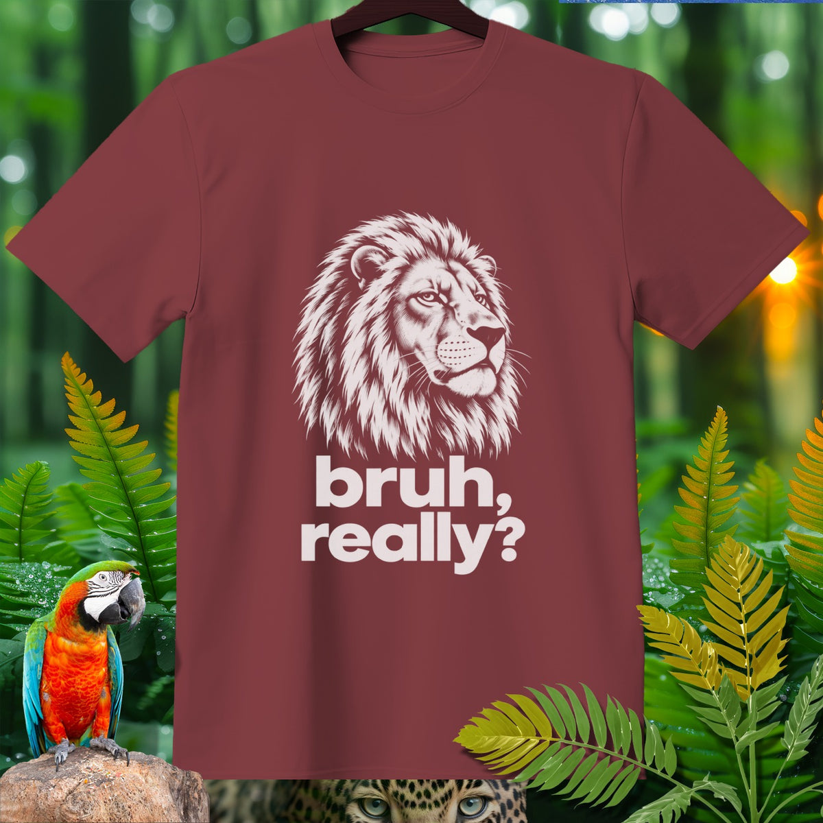 Maroon t-shirt with white lion graphic and text "bruh, really?".
