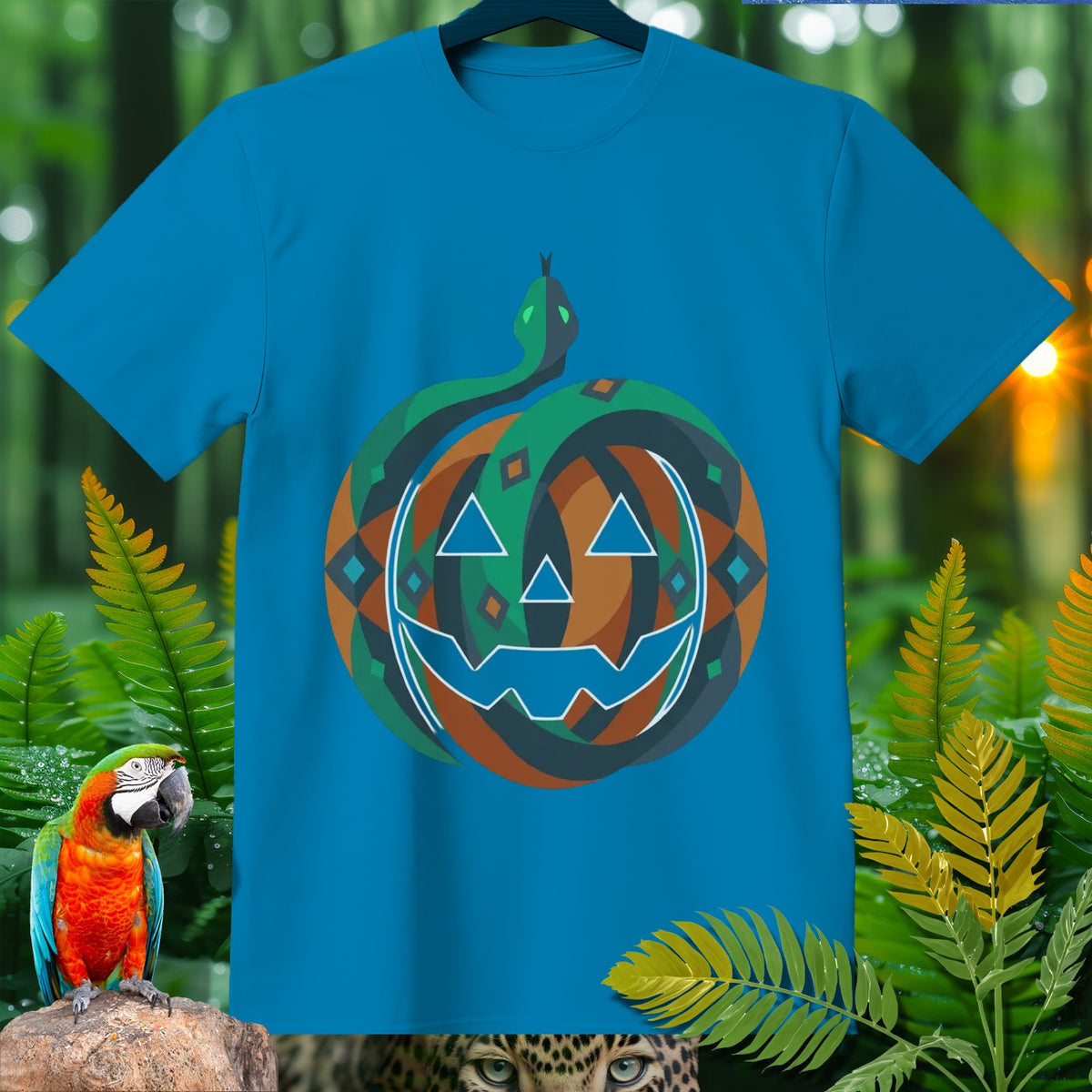 Blue t-shirt with geometric jack-o-lantern and snake design.