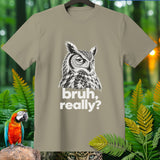 T-shirt with owl graphic and text 